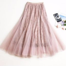 Women Tulle Skirt 2022 Faldas Mujer Vintage Floral Lace Maxi Elegant High Waist A-line Pleated School Midi Female Skirts