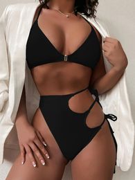 Women's Swimwear Women Sexy Deep V Neck Swimsuit High Waist Hollow Out Bandage Female Solid Colour Bikini Set Backless Bathing Suits 2022Wome
