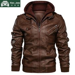 Autumn Winter Motorcycle Leather Jacket Men Windbreaker Hooded PU Jackets Male Outwear Warm Faux Leather Jackets EU Size S3XL T200107