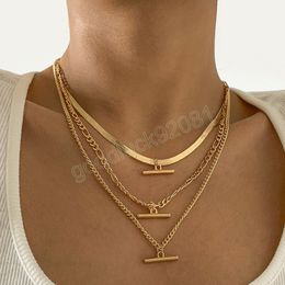 Fashion Simple Flat Snake Chain Clavicle Necklace Women's Retro Multilayer Golden Metal Charm Necklaces Girl Jewellery