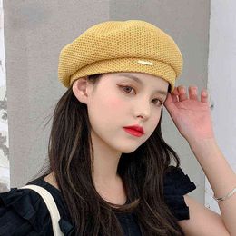 2021 New Spring And Summer Thin Mesh Solid Color Linen Beret Female Sunscreen Breathable Retro British Painter Hat J220722