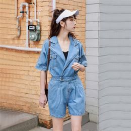 Sexy Women Blue Jeans Bodysuit half Sleeve 1pc Pants Denim Playsuits Cotton Rompers Women Bandage Short Jumpsuit Overalls T200704