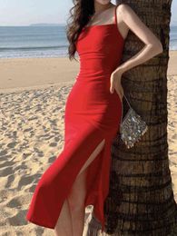 Women's Summer Spaghetti Straps Beach Midi Black Dress Elegant Sleeveless Bodycon Sexy Vestidos Femme Solid Holiday Clothes Y220413