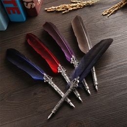 turkey quills feathers Canada - 1 Set Multicolor Retro Quill Dip Pen Turkey Feather Pen Quill Oblique 5 Nibs Pen Set Gift Writing Tools Office School Supply 220714