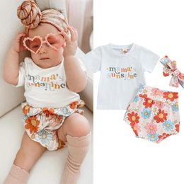 Clothing Sets Infant Baby Girl 3pcs Clothes 0-24M Letter Short Sleeve T Shirts Sunflowers Printed High Waist Shorts HeadbandClothing