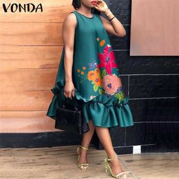 Women Elegant Midi Dress Summer Party Long Dresses VONDA Sexy Sleeveless Fashion Beach Floral Print Ruffled Tank Vestidos 220409