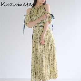 Kuzuwata Japanese Style Two Wear Women Vestidos Spring Robes Off Shoulder Drawstring Slim Waist Print Pleated Dress 226014