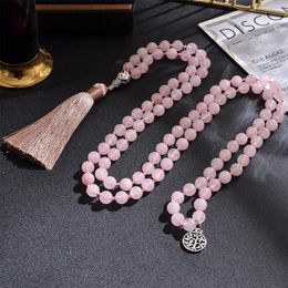 -Anhänger Halsketten 8mm Rosenquarz Perlen Knot 108 Mala Halskette Meditation Yoga Gebet Schmuck Japamala Rosenkranz für Frauen mit Baum des Lebens