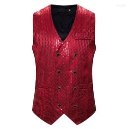 Men's Double Breasted Vests Brand Slim Fit Red Sequin Glitter Vest Waistcoat Men Party Stage Prom Show Costume Gilet Homme Xxl Guin22