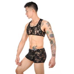 Underpants CLEVER-MENMODE Men's Sexy Transparent Lace Boxers Mesh Half Tanks See Through Shorts Hollow Out Top Erotic Lingerie CMF281Und