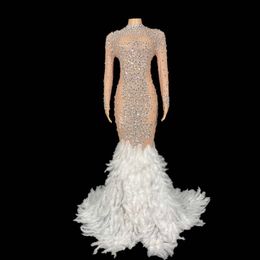 Sparkly Big Rhinestone Prom Dresses with feather Transparent Long Sleeve Birthday Celebrate Luxurious Costume Dancer Flashing evening gown