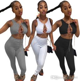 Womens Sexy 2 Piece Pants Set Designer Summer Vest Outfits Metal Chain Strap Sleeveless Top Leggings Suit Sportswear