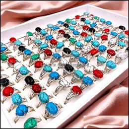 Band Rings Jewellery Fashion 30 Pcs/Lot Patterned Turquoise Gem Pinestone Bohemian Style Mixed Siery Lovers Women And Men Retro Wedding Drop D