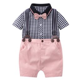 Clothing Sets Baby Boy Outfit Clothes Formal Handsome Boys Plaid Romper Pink Overalls Cotton 1 2 Years Birthday Party Gentleman ClothingClot