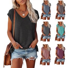 Women Clothes Summer V Neck T-shirts Plain Solid Camisole Short Sleeve Tank T-shirt Tops Tees Vest Sexy Fashion Cropped Tops Blusa Casual Blouses