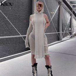 Kliou Knitted Dres Sexy See Through X-Long Hoody Tops+One Shoulder Drawstring Ruched Robe Skirt Hipster Future Streetwear 220509