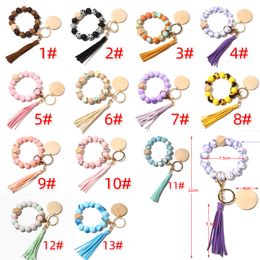 Printed Silicone Beads Keychain For Keys Wood Bead Bracelet Keyring with Tassel Women Men Fashion Wooden Chips Keyring Wholesale