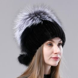 Berets Natural Fluffy Hats Womens Knitted Hat Balls Genuine Pompom Stylish Female