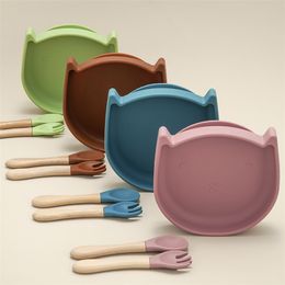 Am azon selling 100% Food Grade Cat Shape Bowl Safety Suction Silione Spoon Baby Feeding Set Toddler Christmas Gift LJ201221