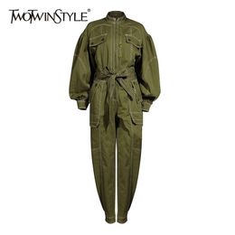 TWOTWINSTYLE Casual Army Green Jumpsuit For Women Stand Collar Lantern Sleeve High Waist Lace Up Bowknot Jumpsuits Female 210326