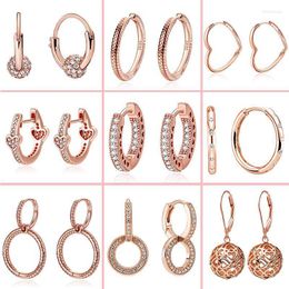 Hoop & Huggie Sterling Silver Pendientes Sparkling Rose Gold Earrings For Women Fit Original Pan Fine JewelryHoop Kirs22