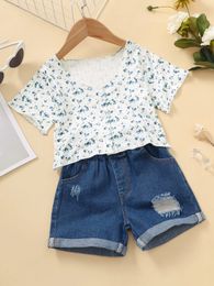 Toddler Girls Ditsy Floral Top & Ripped Denim Shorts SHE