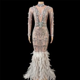 Sparkly White Feather Tail Dress Women Evening Prom Celebrity Party Birthday Long Dresses Singer Stage Costume 220812