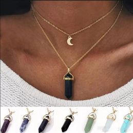 DHL Natural Stones Favor Moon Pendants Necklace Double Layer Gold Link Chains Women Crystal Quartz Bullet Hexagonal Prism Point Healing Charm Jewelry C0417Q