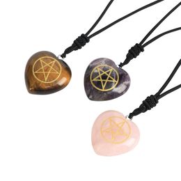 Natural Stone Heart-shape Pentacle Charm Pendant Necklace Engrave Earth Goddess Kore Symbol Religious Jewellery Reiki Healing Crystal Pendant For Women Men