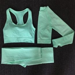 Yoga Sets Seamless Leggings Bra Long Sleeves Shirt Crop Top Women Running Gym Sportswear High Waist Fitness Sports Bra Pant Suit T200115