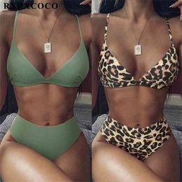 RXRXCOCO High Waist Swimwear Women 2021 Push Up Beachwear Solid Bathing Suit Sexy Animal Leopard Female Swimsuit Women Bikini 210319