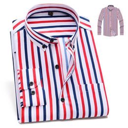 Men's Stretch Anti-wrinkle Cotton Shirts Long Sleeve Red Striped Dress Shirts Slim Fit Social Business Casual Button Up Shirts 220516