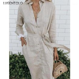 Casual Dresses Lugentolo Plus Size Dress Women Long Sleeve Solid Linen Single-breasted Empire Turn-down Collar Straight
