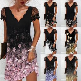 Women Print V Neck Lace Stitching Short sleeved Dress Sexy Fashion Elegant Summer Plus Size Casual Vintage Vestidos Sundress 220613