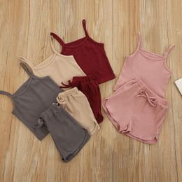 Clothing Sets Kids Summer 2022 Girls 2 Piece Set Solid Ribbed Sleeveless Camisole T Shirt And Shorts Outfits 2-8Y Children TracksuitClothing