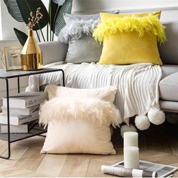 Luxurious Velvet Pillow Cover with Feather Home Decor Velvet Cushion Cover Decoration Pompom Throw Pillowcase pillowsham 45x45 210401