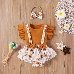 Clothing Sets Summer Baby Girl Clothes Cute Pit Flying Sleeve Shirt Print Shoulder Strap Trousers Hair Band Cotton Born Girls ClothesClothin