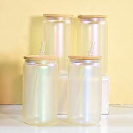 New arrival 4 Colours sublimation 16oz 12oz frosted glass tumblers iridescent glass can water cups with straw and lid DHL
