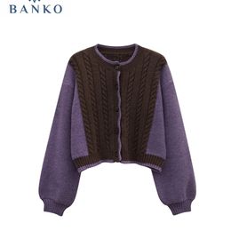 Women Autumn Winter Crewneck Contrast Colour Puff Long Sleeve Knitwear Coat Loose Casual Lady Knitted Cardigan Sweater 220817