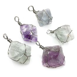 Pendant Necklaces Wholesale 12Pcs/Lot Natural Irregular Chakra Crystals Purple Blue Green Fluorite Cut Face For Women Wire Wrapped Healing P