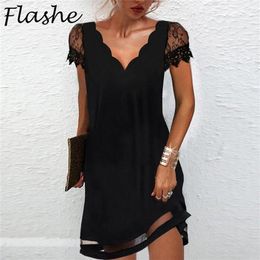 Elegant Dresses for Women V Neck Lace Sleeves Short Spring Summer Sexy Ladies Sleeve Black Party 220615