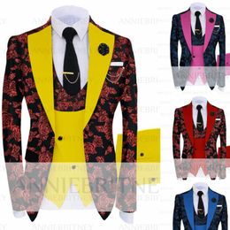 Men's Suits & Blazers 2022 Luxury Red Jacquard Men Suit For Wedding Groom 3 Piece Terno Masculino Yellow Waistcoat Performance Costume Homme