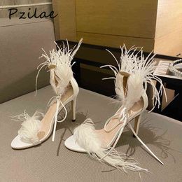 Sandals Pzilae New Sexy White Black Feather for Women Thin High Heels Lace Up Dance Shoes Ladies Party Pumps Size 3542 220704