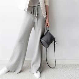 Women Pants New Spring Soft Waxy Comfortable HighWaist Cashmere Knitted Pants Female Pure Color Wide Leg Pants Casual T200104