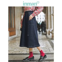INMAN Spring Autumn Elastic Waist Fashion All Matched Patch Pocket Casual Literary Retro Women Medium Jean Skirt T200712