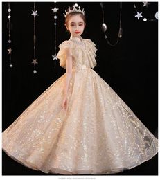 Girl's Dresses Seuqin Tulle Girl Dress For Wedding Princess Party Formal Ball Gown Kids Golden Lace Long Evening Flower Prom DressesGirl's