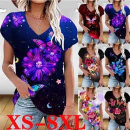 summer printed V-neck short sleeve women's loose casual T-shirt XS-9XL 220511