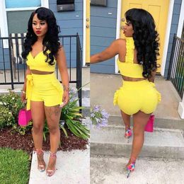 Women's Tracksuits 2PCS/Set Summer Women Crop Tops High Waist Shorts 2pcs Ruffles Bow Outfits Ladies Yellow Slim Matching Clothes SetsWomen'