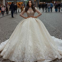 Luxury Ball Gown Wedding Dresses Appliques Sequins Long Sleeves Sexy Bridal Gowns Crystals Arabic Custom Made robes de mariée