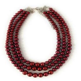 Woman Faux scarlet Pearl 3 Layer Multi Strand Gatsby Necklace Statement Bib Vintage